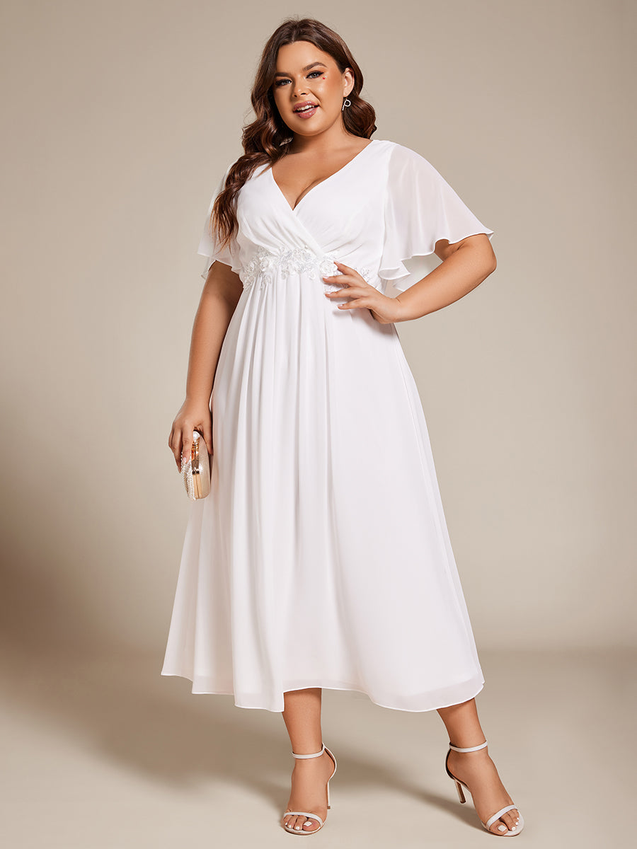 Midi Länge V-Ausschnitt A-Linie Chiffon Kleid Mit Applikationen Und Raffung Details Kleid #Farbe_Weiß