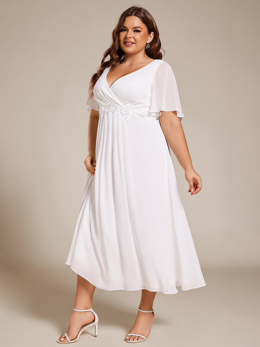 Midi Länge V-Ausschnitt A-Linie Chiffon Kleid Mit Applikationen Und Raffung Details Kleid #Farbe_Weiß