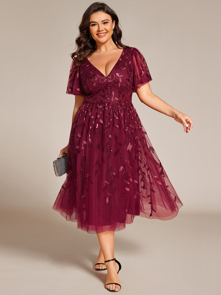 Midi Länge V-Ausschnitt A-Linie Pailletten Kleid Mit Besticktem Blumenmuster Und Gerafften Details #Farbe_Burgunderrot