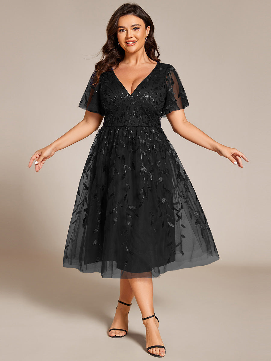 Midi Länge V-Ausschnitt A-Linie Pailletten Kleid Mit Besticktem Blumenmuster Und Gerafften Details #Farbe_Schwarz