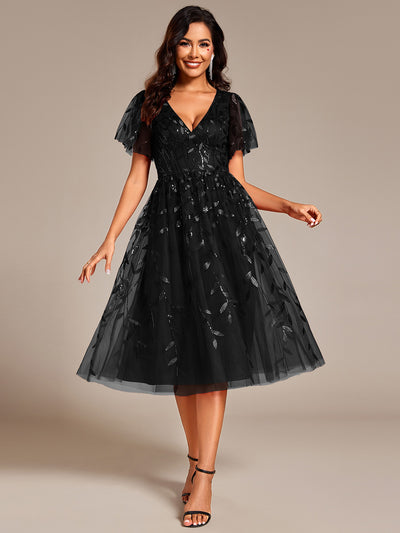 Midi Länge V-Ausschnitt A-Linie Pailletten Kleid Mit Besticktem Blumenmuster Und Gerafften Details #Farbe_Schwarz