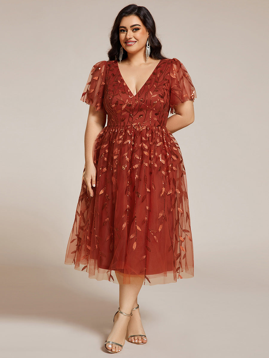 Midi Länge V-Ausschnitt A-Linie Pailletten Kleid Mit Besticktem Blumenmuster Und Gerafften Details #Farbe_Gebranntes Orange