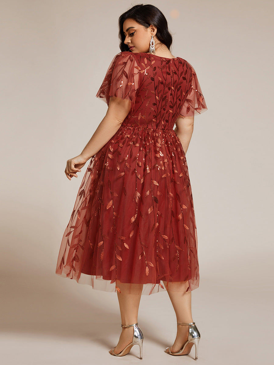 Midi Länge V-Ausschnitt A-Linie Pailletten Kleid Mit Besticktem Blumenmuster Und Gerafften Details #Farbe_Gebranntes Orange