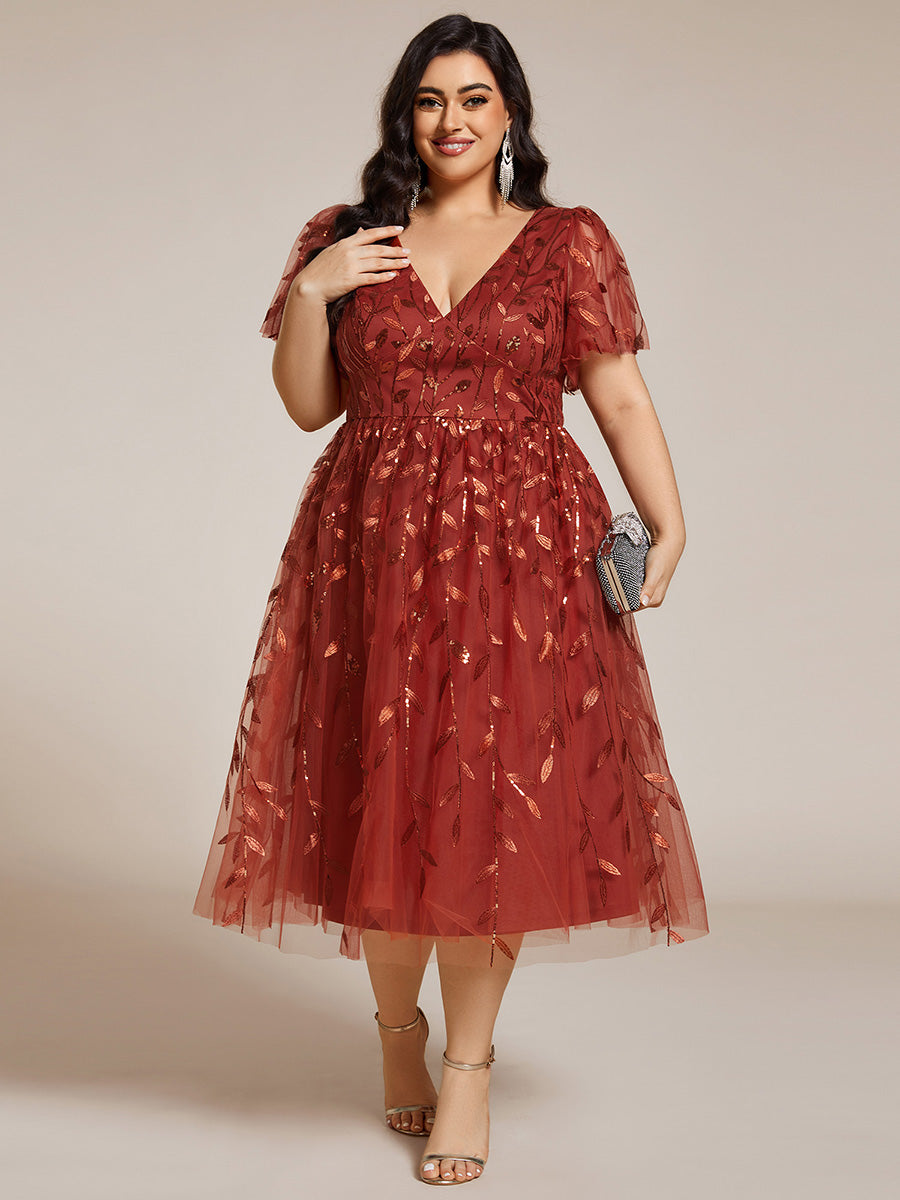 Midi Länge V-Ausschnitt A-Linie Pailletten Kleid Mit Besticktem Blumenmuster Und Gerafften Details #Farbe_Gebranntes Orange