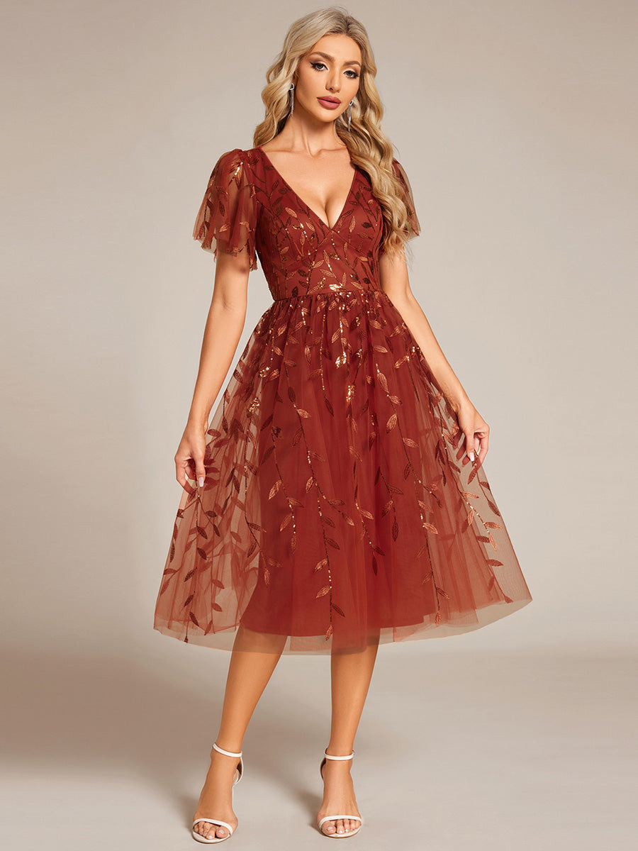 Midi Länge V-Ausschnitt A-Linie Pailletten Kleid Mit Besticktem Blumenmuster Und Gerafften Details #Farbe_Gebranntes Orange