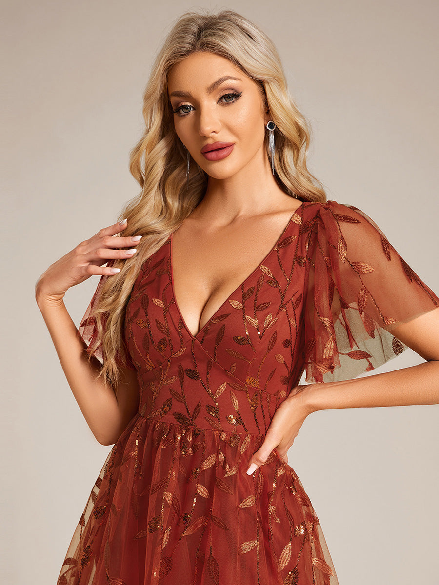Midi Länge V-Ausschnitt A-Linie Pailletten Kleid Mit Besticktem Blumenmuster Und Gerafften Details #Farbe_Gebranntes Orange