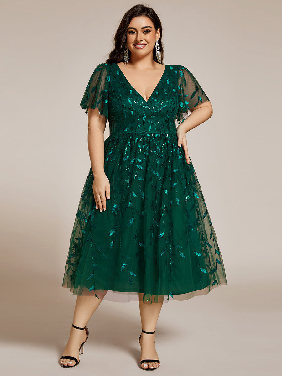 Midi Länge V-Ausschnitt A-Linie Pailletten Kleid Mit Besticktem Blumenmuster Und Gerafften Details #Farbe_Dunkelgrün