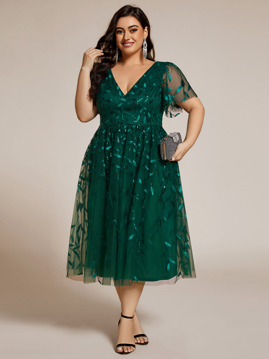 Midi Länge V-Ausschnitt A-Linie Pailletten Kleid Mit Besticktem Blumenmuster Und Gerafften Details #Farbe_Dunkelgrün