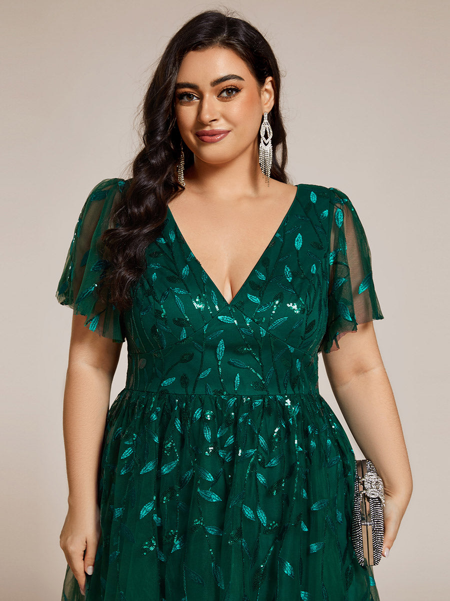 Midi Länge V-Ausschnitt A-Linie Pailletten Kleid Mit Besticktem Blumenmuster Und Gerafften Details #Farbe_Dunkelgrün