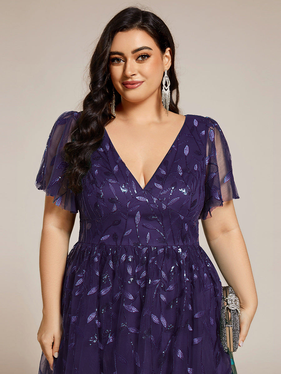 Midi Länge V-Ausschnitt A-Linie Pailletten Kleid Mit Besticktem Blumenmuster Und Gerafften Details #Farbe_Dunkelviolett
