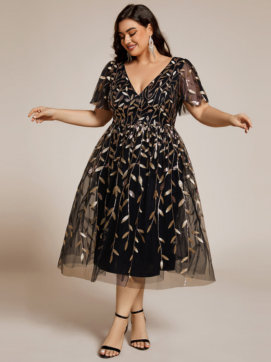 Midi Länge V-Ausschnitt A-Linie Pailletten Kleid Mit Besticktem Blumenmuster Und Gerafften Details #Farbe_Schwarz & Gold