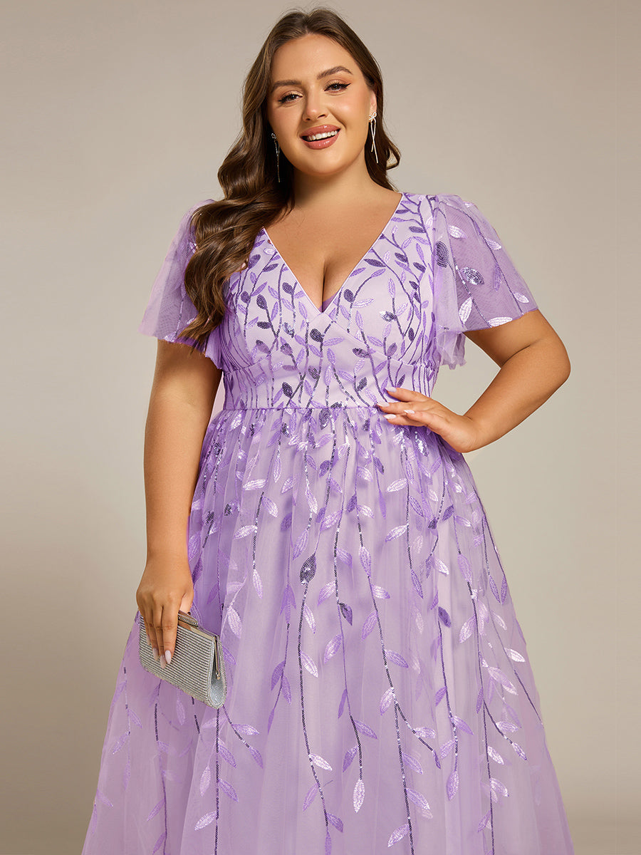 Midi Länge V-Ausschnitt A-Linie Pailletten Kleid Mit Besticktem Blumenmuster Und Gerafften Details #Farbe_Lavendel