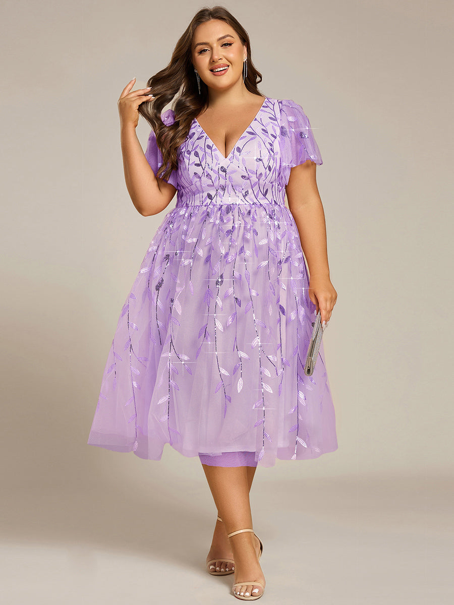 Midi Länge V-Ausschnitt A-Linie Pailletten Kleid Mit Besticktem Blumenmuster Und Gerafften Details #Farbe_Lavendel