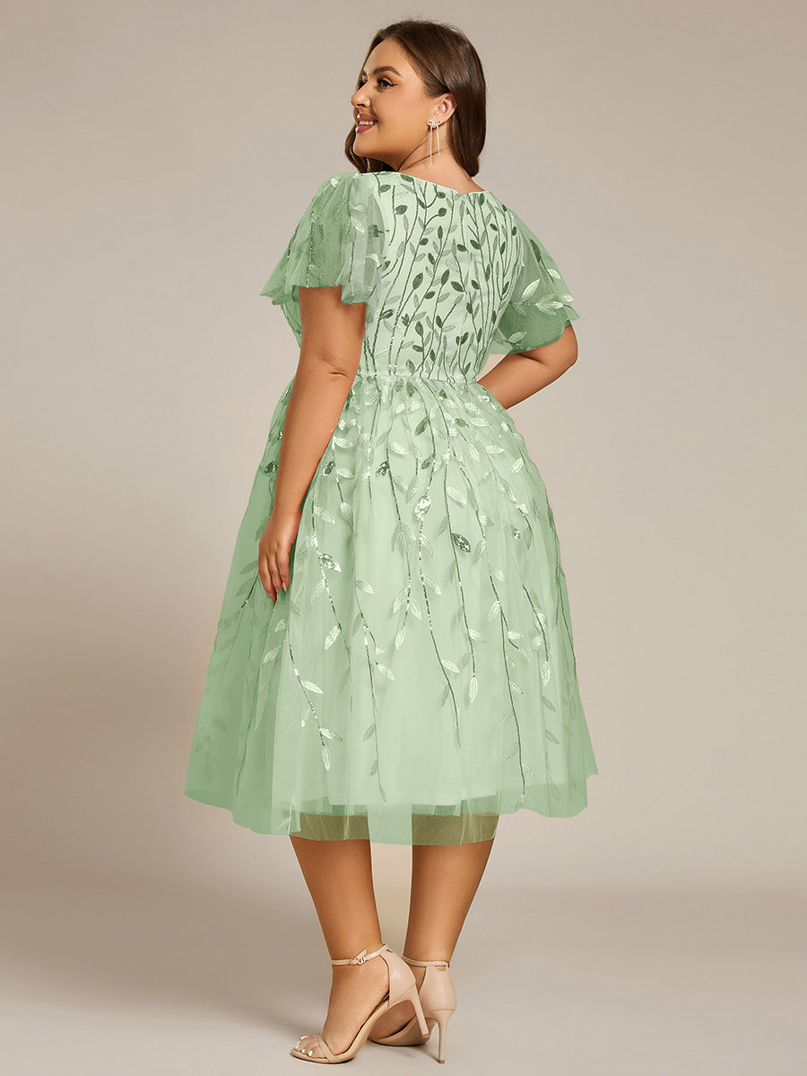 Midi Länge V-Ausschnitt A-Linie Pailletten Kleid Mit Besticktem Blumenmuster Und Gerafften Details #Farbe_Mintgrün