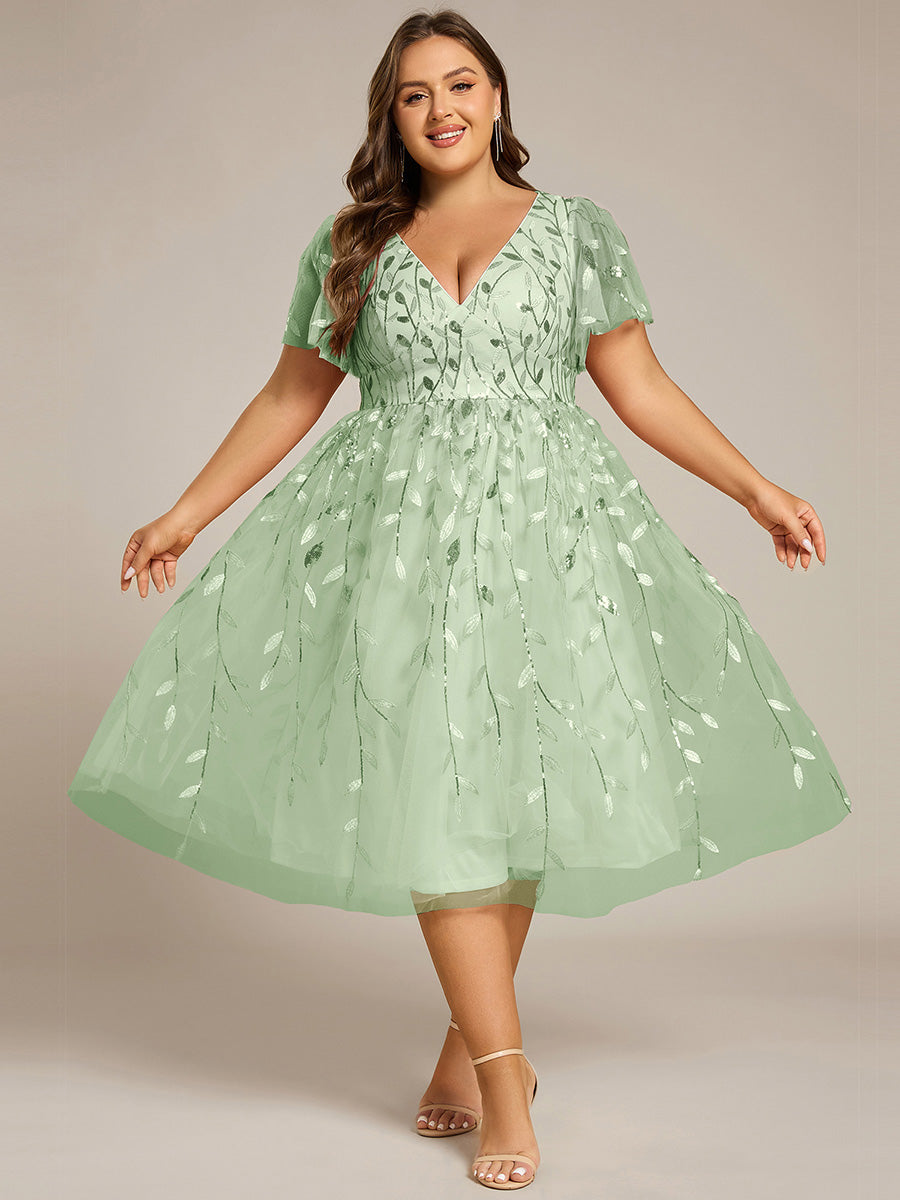 Midi Länge V-Ausschnitt A-Linie Pailletten Kleid Mit Besticktem Blumenmuster Und Gerafften Details #Farbe_Mintgrün