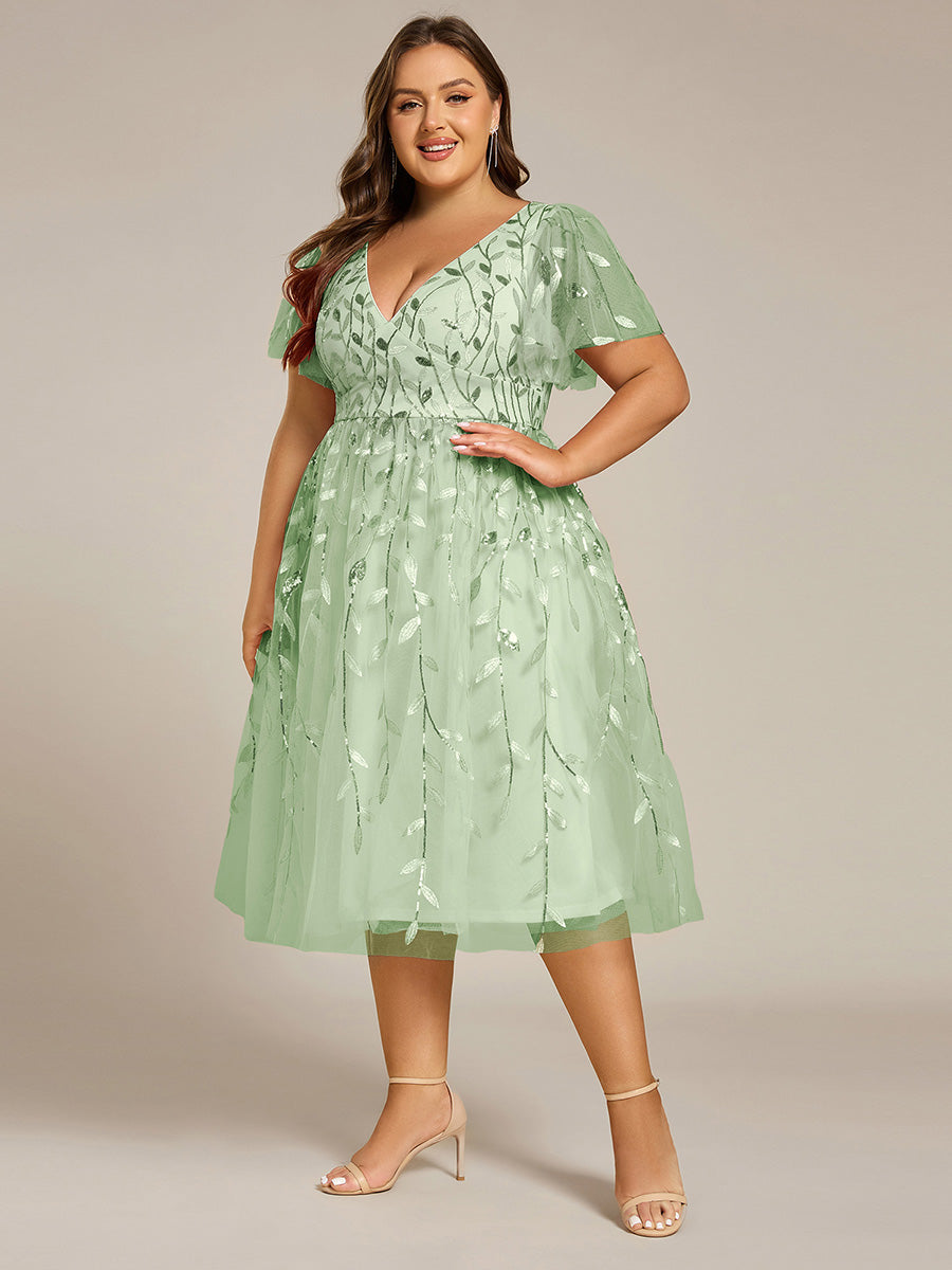 Midi Länge V-Ausschnitt A-Linie Pailletten Kleid Mit Besticktem Blumenmuster Und Gerafften Details #Farbe_Mintgrün