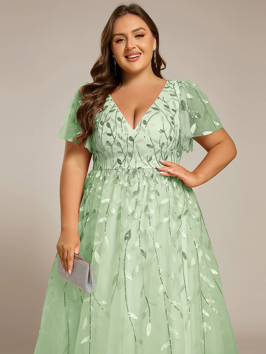 Midi Länge V-Ausschnitt A-Linie Pailletten Kleid Mit Besticktem Blumenmuster Und Gerafften Details #Farbe_Mintgrün