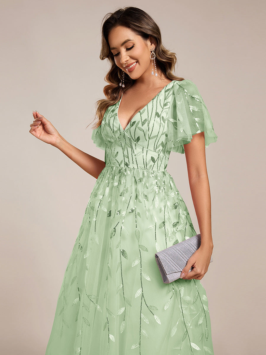 Midi Länge V-Ausschnitt A-Linie Pailletten Kleid Mit Besticktem Blumenmuster Und Gerafften Details #Farbe_Mintgrün