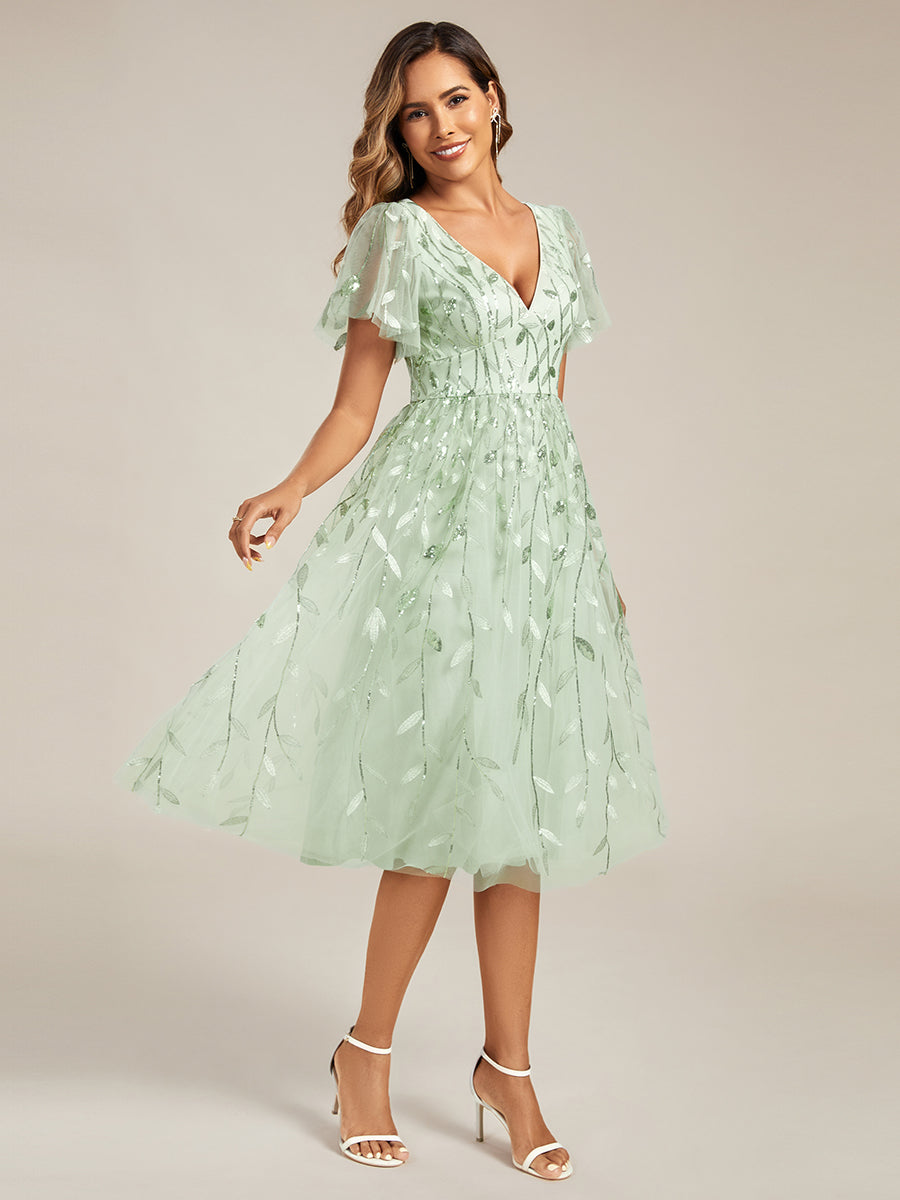 Midi Länge V-Ausschnitt A-Linie Pailletten Kleid Mit Besticktem Blumenmuster Und Gerafften Details #Farbe_Mintgrün