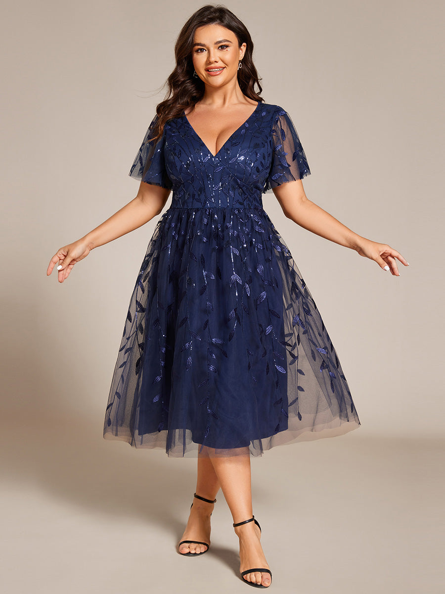 Midi Länge V-Ausschnitt A-Linie Pailletten Kleid Mit Besticktem Blumenmuster Und Gerafften Details #Farbe_Marineblau