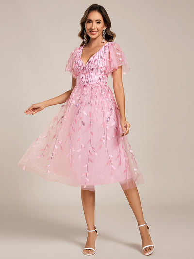 Midi Länge V-Ausschnitt A-Linie Pailletten Kleid Mit Besticktem Blumenmuster Und Gerafften Details #Farbe_Rosa