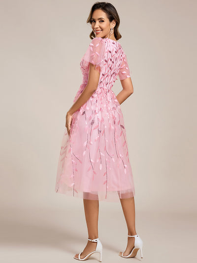 Midi Länge V-Ausschnitt A-Linie Pailletten Kleid Mit Besticktem Blumenmuster Und Gerafften Details #Farbe_Rosa