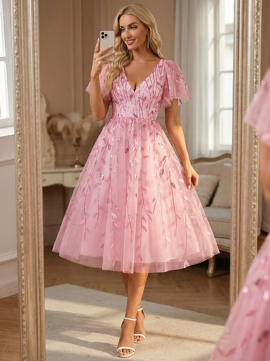 Midi Länge V-Ausschnitt A-Linie Pailletten Kleid Mit Besticktem Blumenmuster Und Gerafften Details #Farbe_Rosa