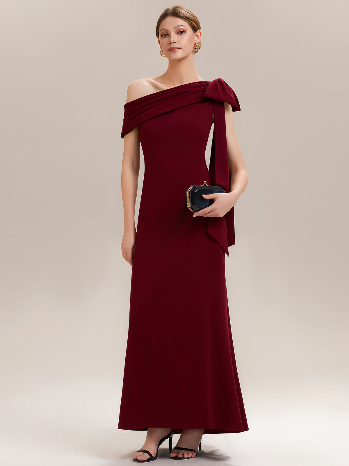 Maxikleid Ohne Träger Sheath Schnitt Strickstoff Schleifendetail Raffung Design Kleid #Farbe_Dunkelrot