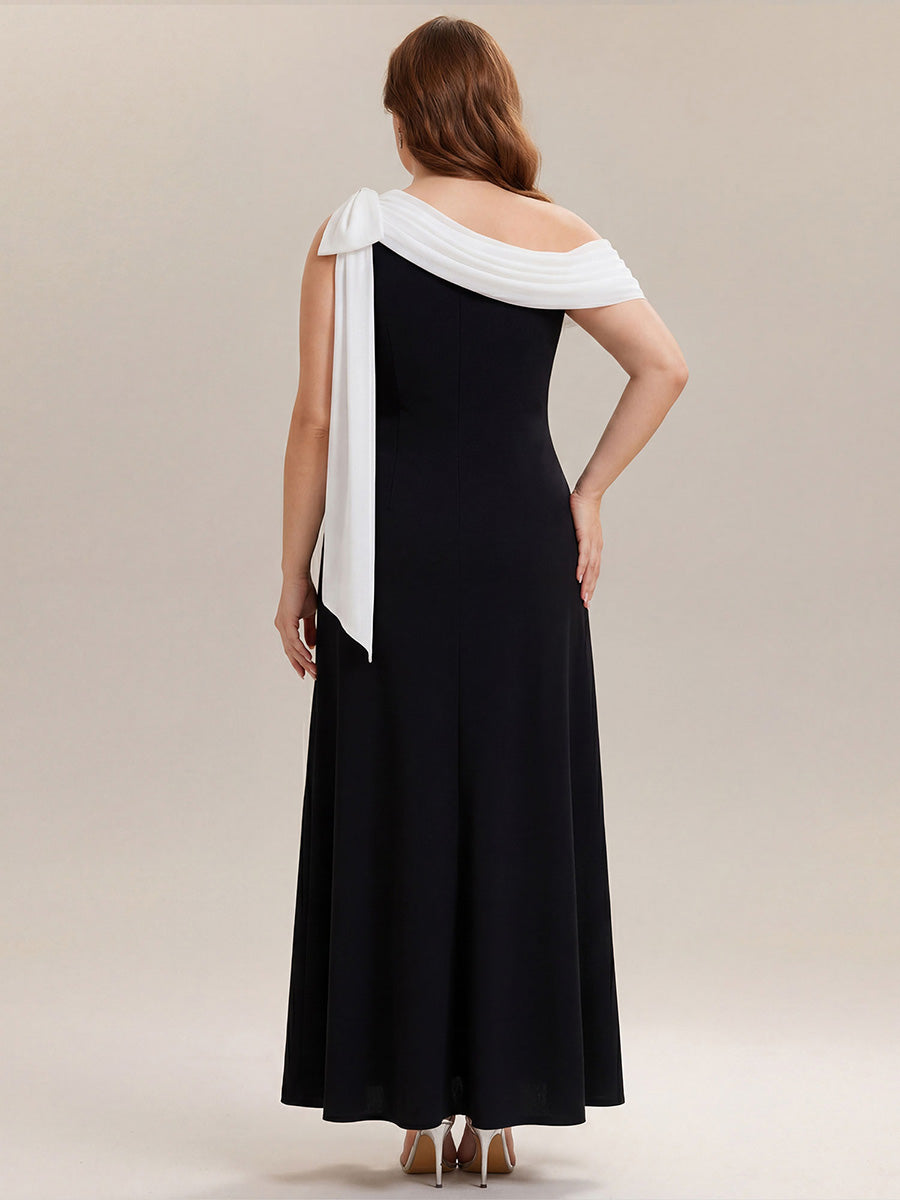 Maxikleid Ohne Träger Sheath Schnitt Strickstoff Schleifendetail Raffung Design Kleid #Farbe_Elfenbein-Schwarz