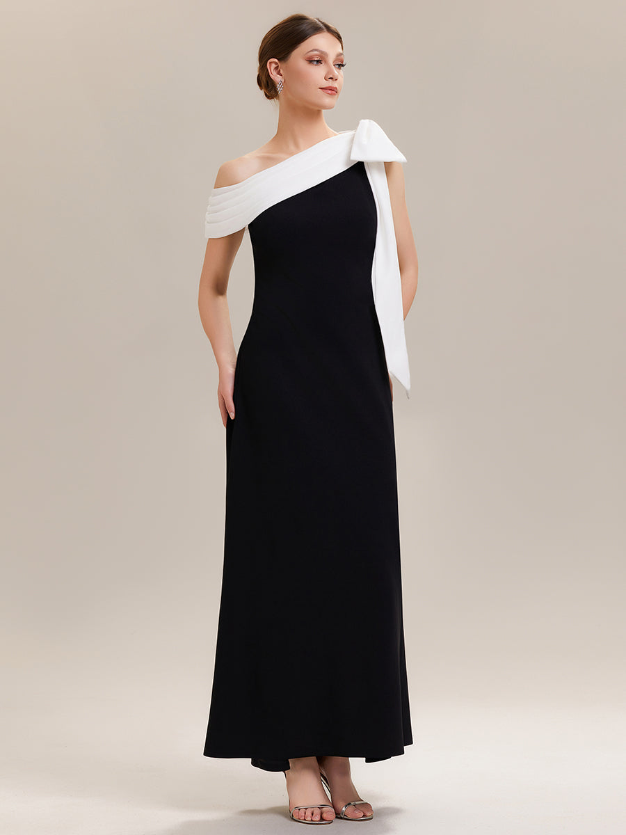 Maxikleid Ohne Träger Sheath Schnitt Strickstoff Schleifendetail Raffung Design Kleid #Farbe_Elfenbein-Schwarz