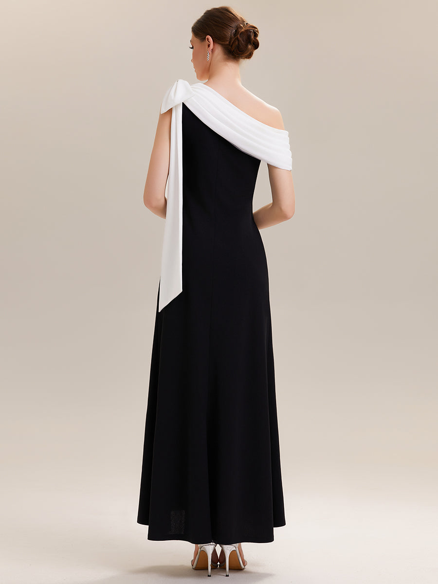 Maxikleid Ohne Träger Sheath Schnitt Strickstoff Schleifendetail Raffung Design Kleid #Farbe_Elfenbein-Schwarz