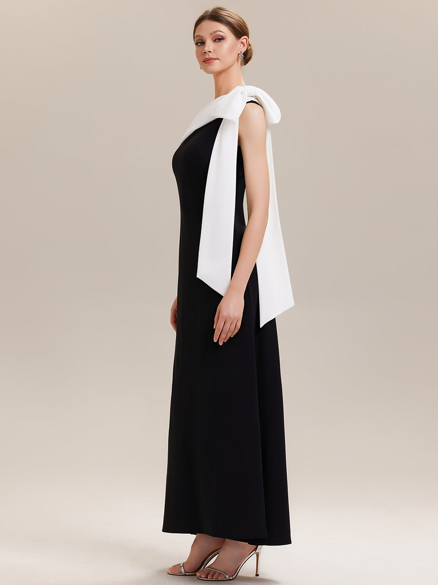 Maxikleid Ohne Träger Sheath Schnitt Strickstoff Schleifendetail Raffung Design Kleid #Farbe_Elfenbein-Schwarz