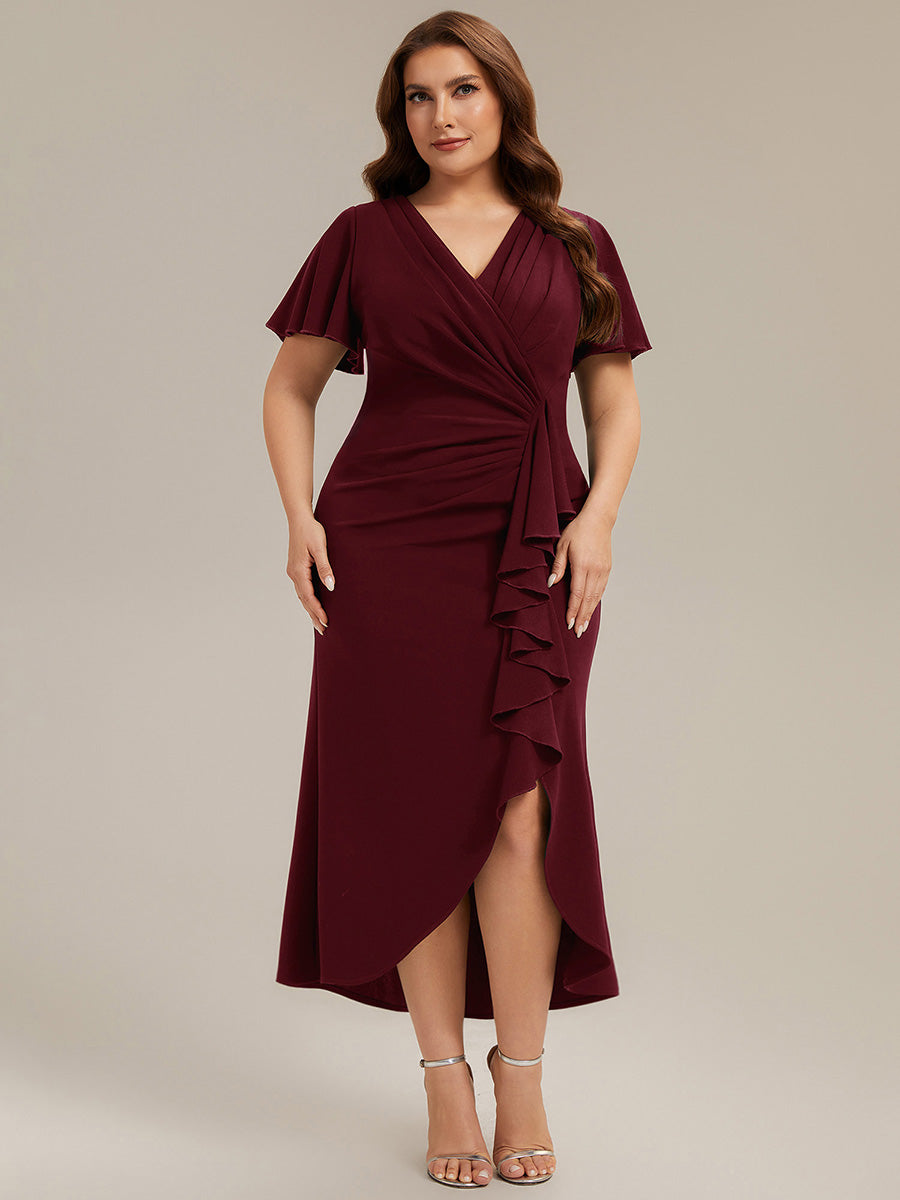 Asymmetrischer Saum V Neck Bodycon Kleid Aus Krepp Mit Tiefem V Ausschnitt Und Hohem Schlitz #Farbe_Burgunderrot