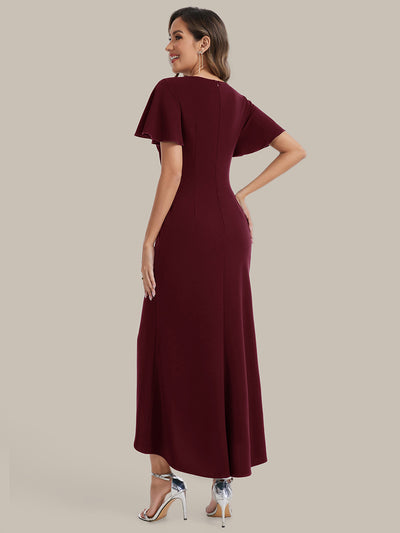 Asymmetrischer Saum V Neck Bodycon Kleid Aus Krepp Mit Tiefem V Ausschnitt Und Hohem Schlitz #Farbe_Burgunderrot