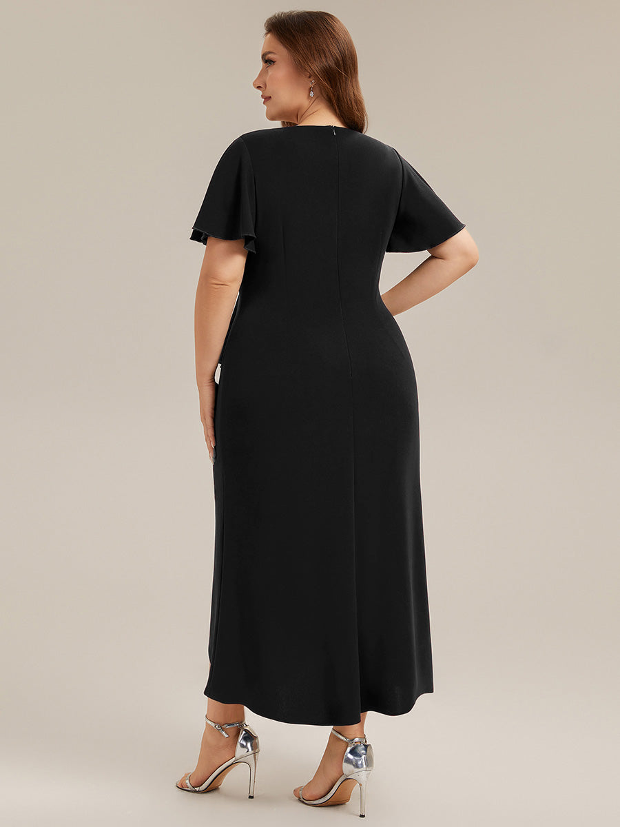 Asymmetrischer Saum V Neck Bodycon Kleid Aus Krepp Mit Tiefem V Ausschnitt Und Hohem Schlitz #Farbe_Schwarz