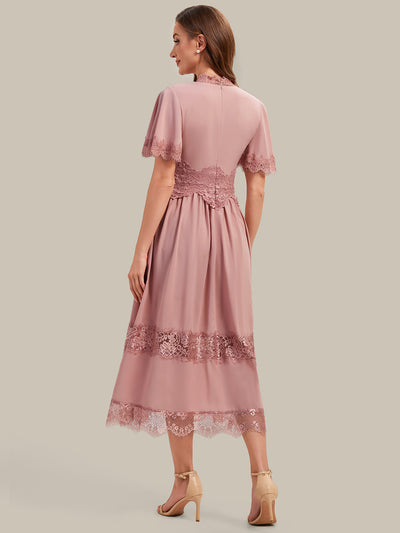 Tea L?nge V-Ausschnitt A-Linie Chiffon Kleid Mit Falten Design Und Cut-Out Detail #Farbe_Altrosa