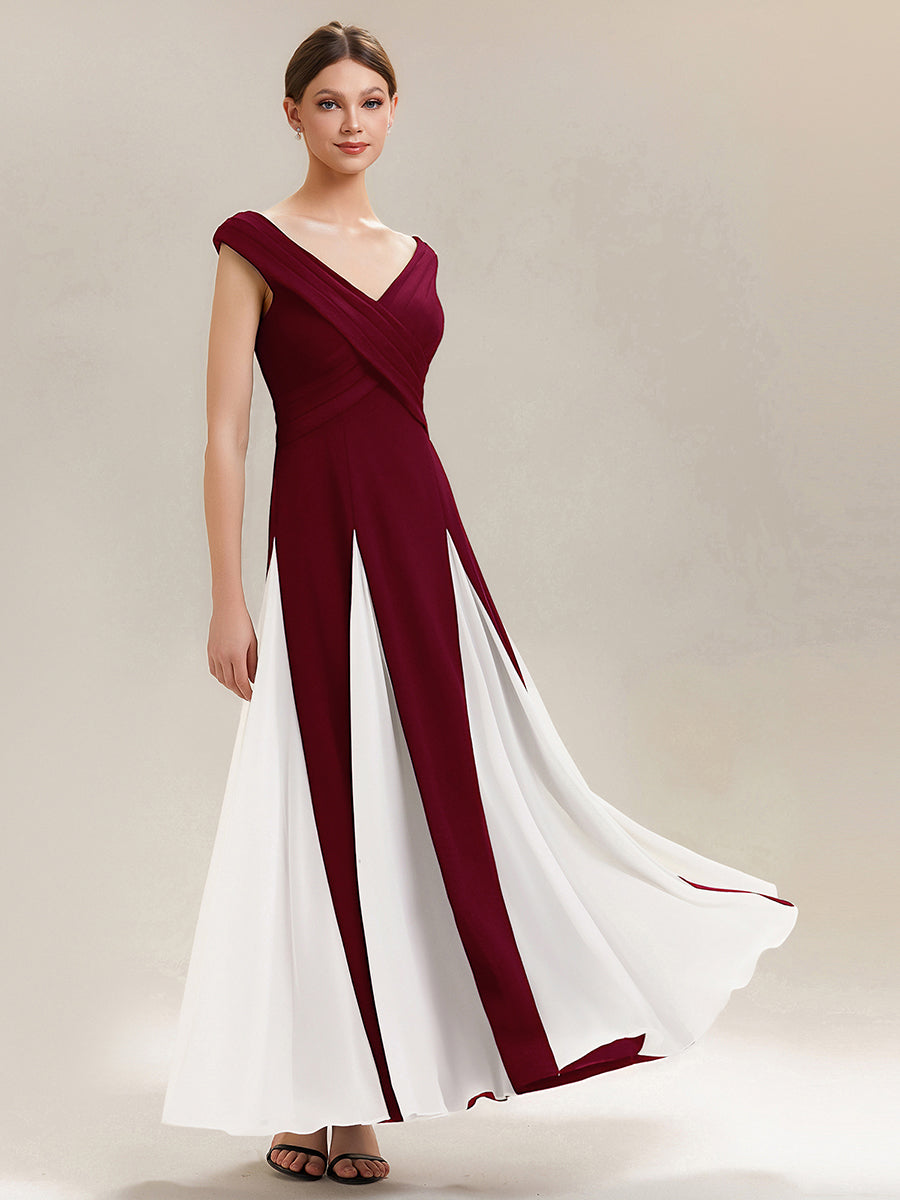 Maxi V-Ausschnitt A-Linie Kleid In Krepp Mit Gerafftem Patchwork Design #Farbe_Dunkelrot
