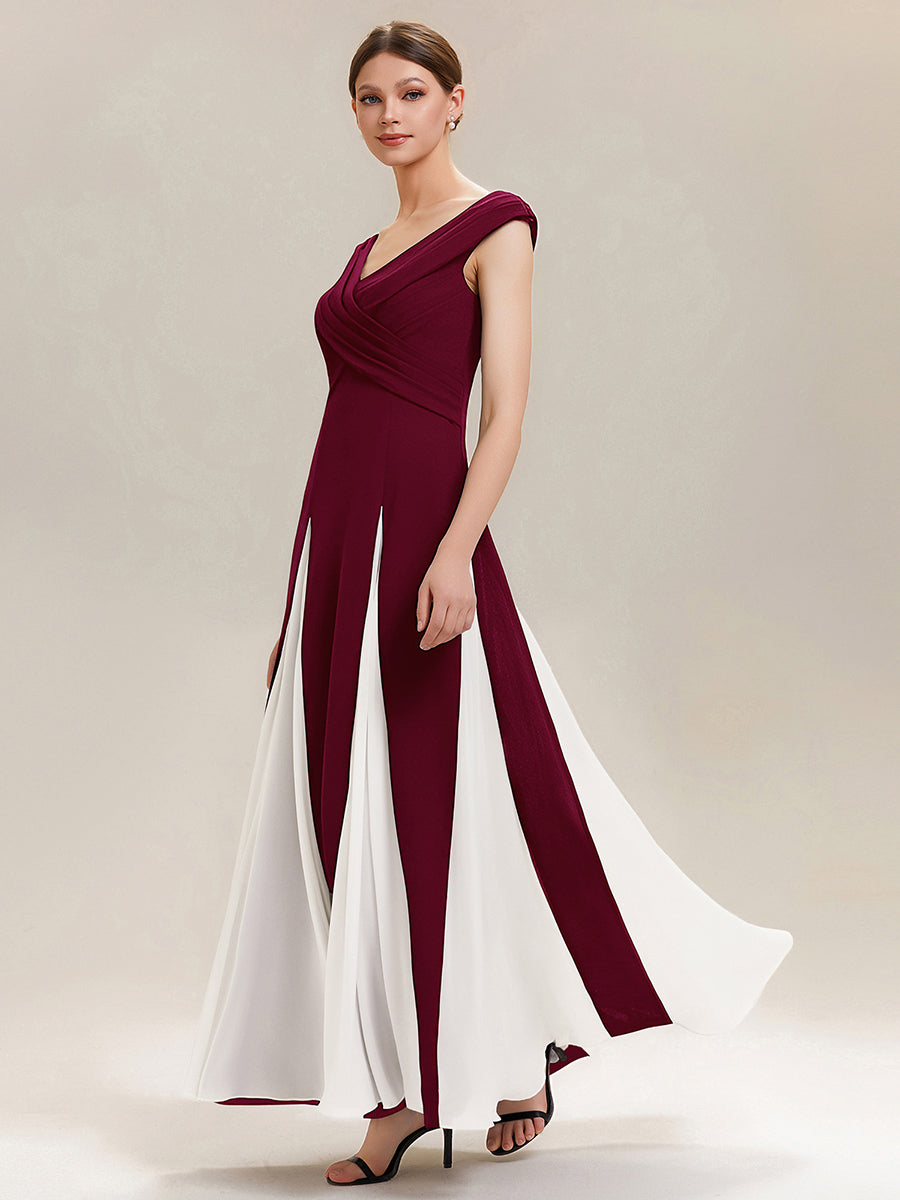 Maxi V-Ausschnitt A-Linie Kleid In Krepp Mit Gerafftem Patchwork Design #Farbe_Dunkelrot