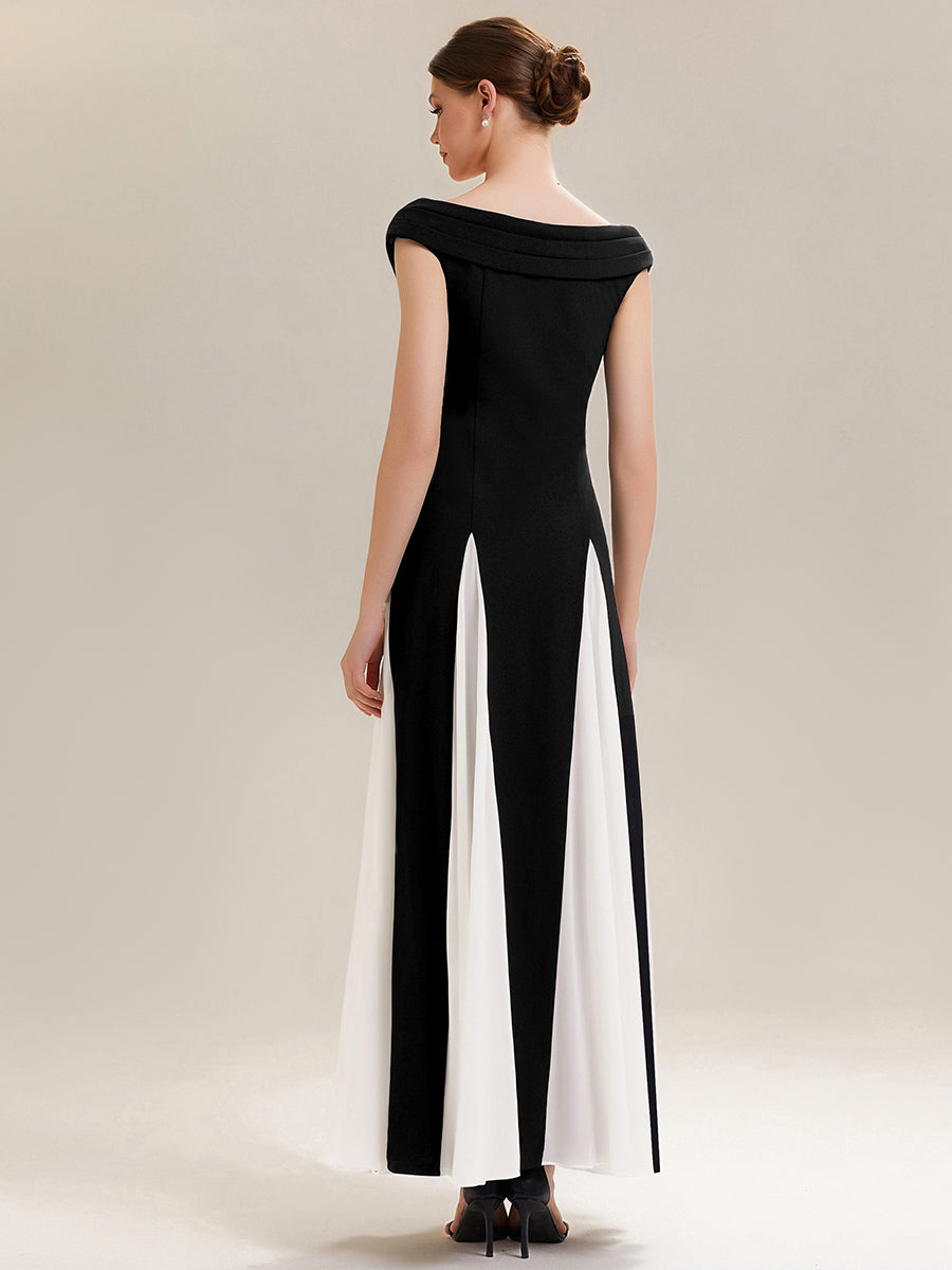 Maxi V-Ausschnitt A-Linie Kleid In Krepp Mit Gerafftem Patchwork Design #Farbe_Elfenbein-Schwarz