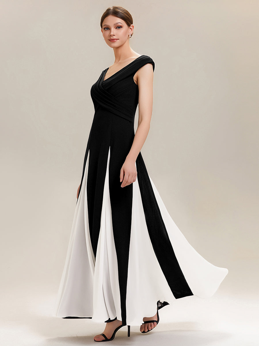 Maxi V-Ausschnitt A-Linie Kleid In Krepp Mit Gerafftem Patchwork Design #Farbe_Elfenbein-Schwarz