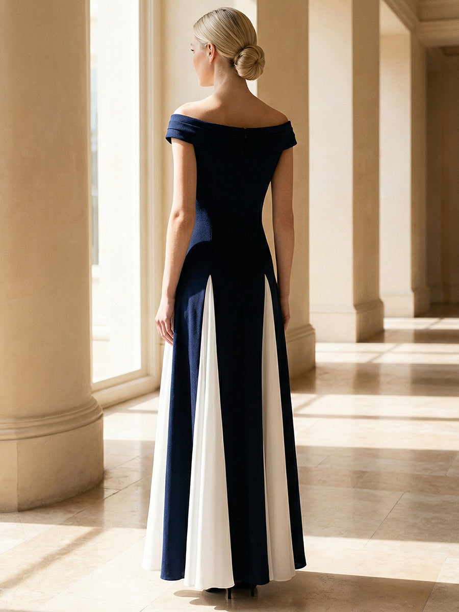 Maxi V-Ausschnitt A-Linie Kleid In Krepp Mit Gerafftem Patchwork Design #Farbe_Marineblau