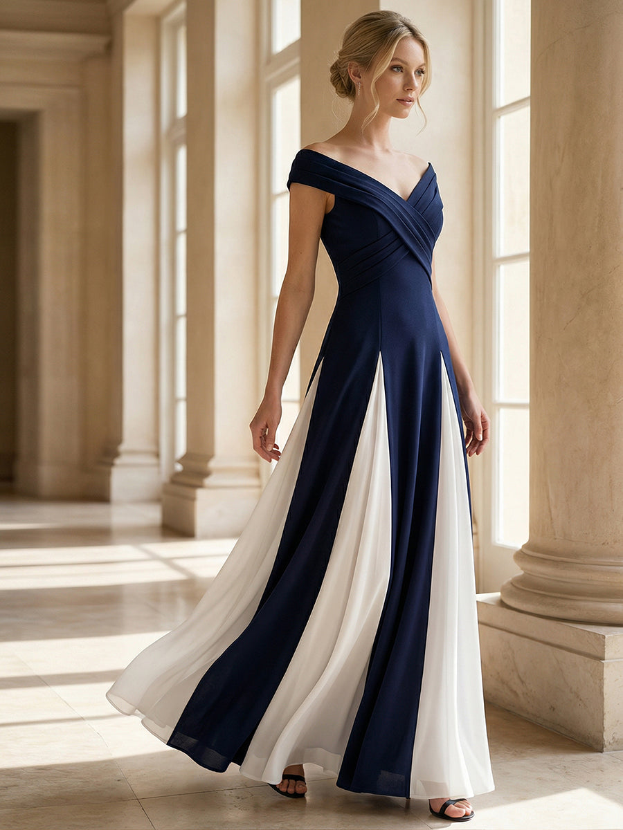 Maxi V-Ausschnitt A-Linie Kleid In Krepp Mit Gerafftem Patchwork Design #Farbe_Marineblau