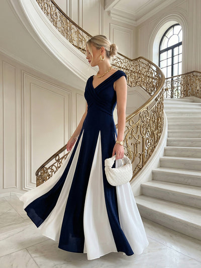 Maxi V-Ausschnitt A-Linie Kleid In Krepp Mit Gerafftem Patchwork Design #Farbe_Marineblau