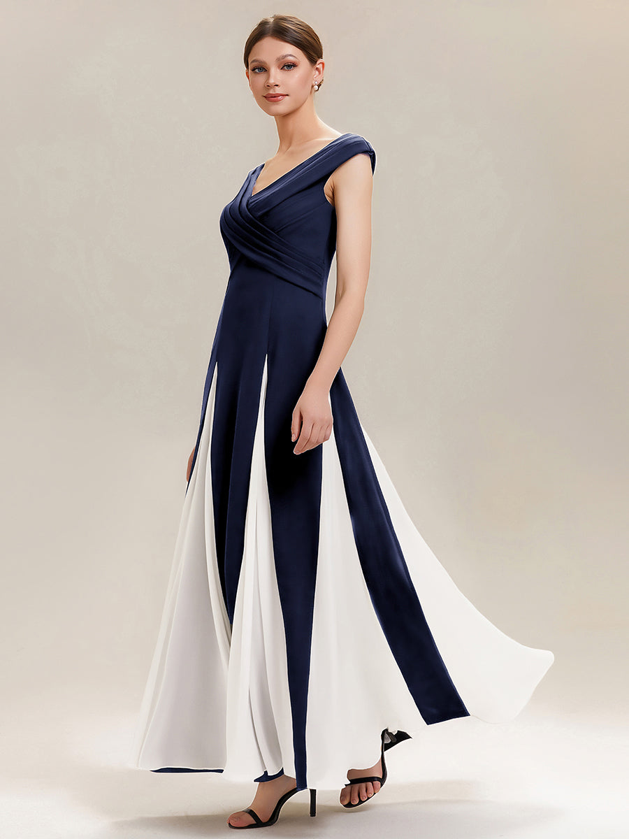 Maxi V-Ausschnitt A-Linie Kleid In Krepp Mit Gerafftem Patchwork Design #Farbe_Marineblau
