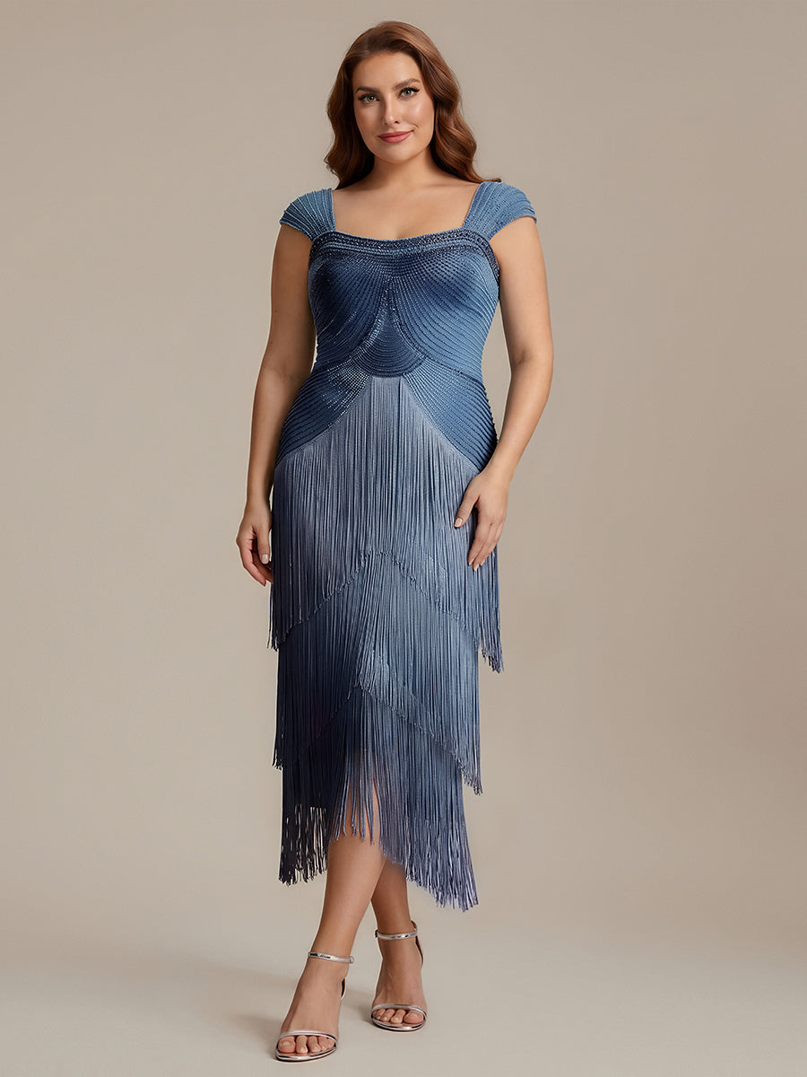 Tea Länge Quadrat Ausschnitt Bodycon Tüll Kleid Mit Perlen Verzierten Stufen Details #Farbe_Taubenblau