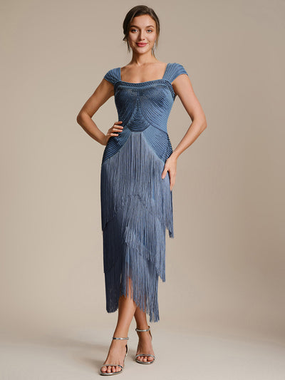 Tea Länge Quadrat Ausschnitt Bodycon Tüll Kleid Mit Perlen Verzierten Stufen Details #Farbe_Taubenblau