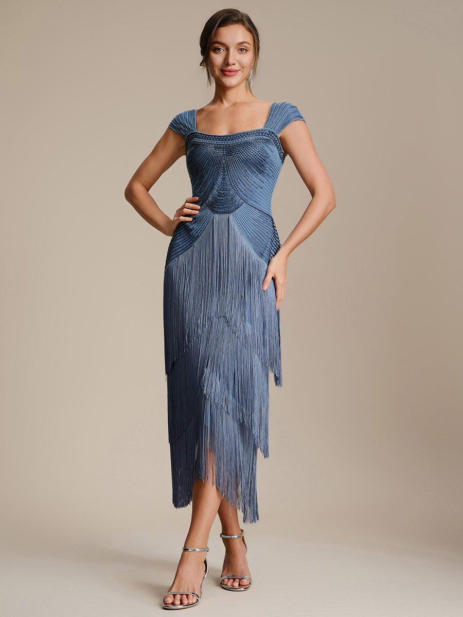 Tea Länge Quadrat Ausschnitt Bodycon Tüll Kleid Mit Perlen Verzierten Stufen Details #Farbe_Taubenblau