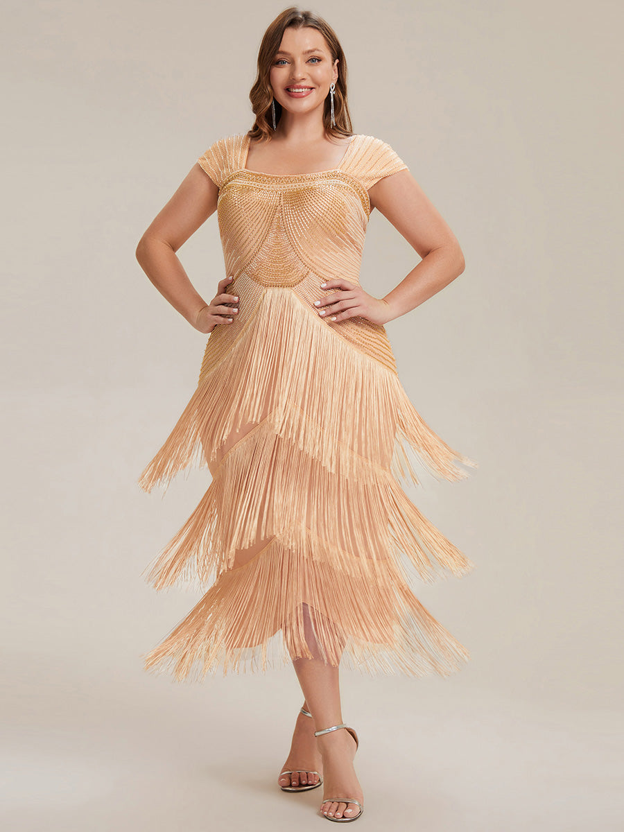 Tea Länge Quadrat Ausschnitt Bodycon Tüll Kleid Mit Perlen Verzierten Stufen Details #Farbe_Gold