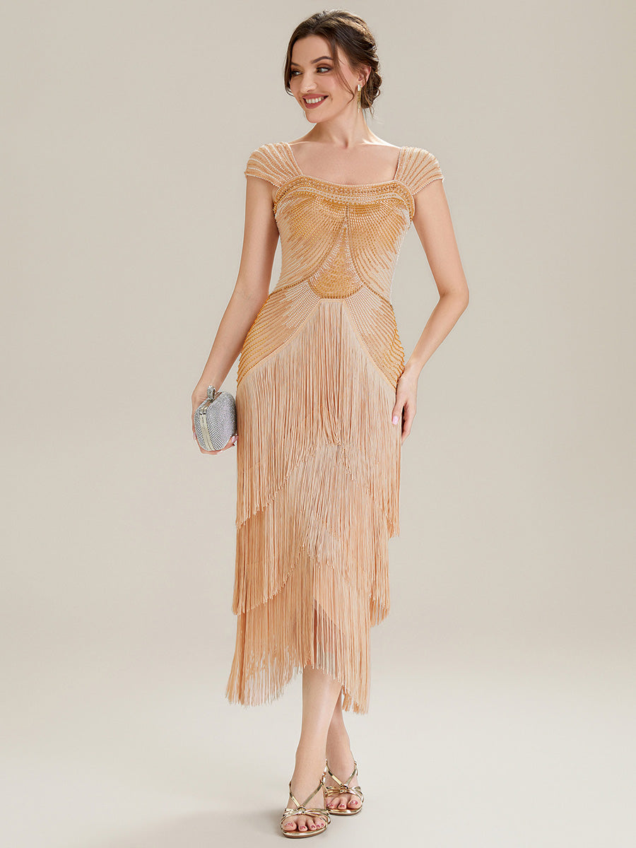 Tea Länge Quadrat Ausschnitt Bodycon Tüll Kleid Mit Perlen Verzierten Stufen Details #Farbe_Gold