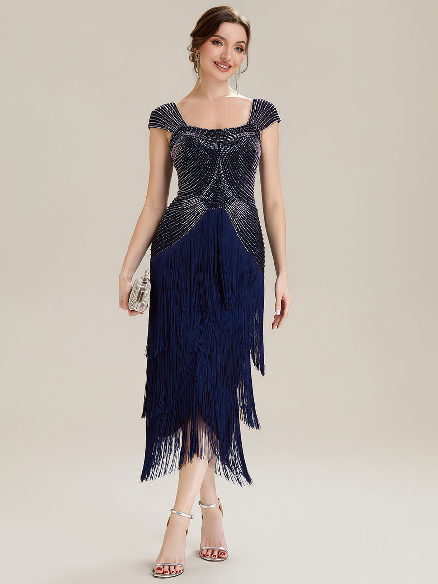 Tea Länge Quadrat Ausschnitt Bodycon Tüll Kleid Mit Perlen Verzierten Stufen Details #Farbe_Marineblau